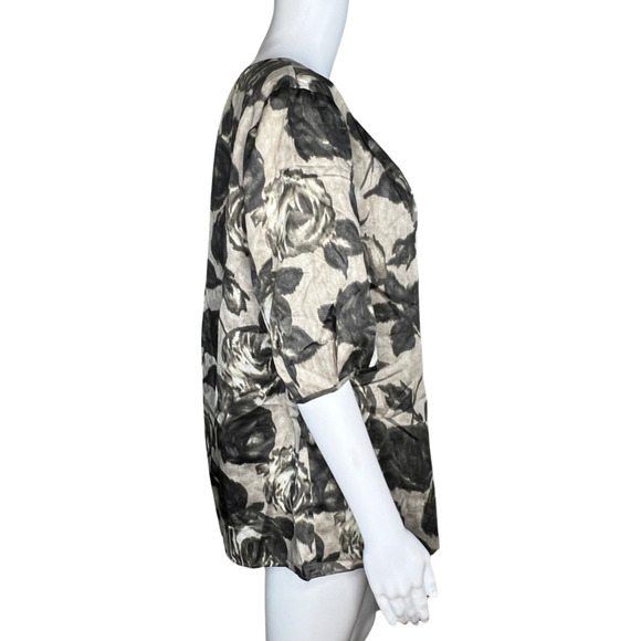 Talbots Shirt Womens 14 Black Gray Floral Flowers Puff Sleeve Roses Romantic - Picture 2 of 8